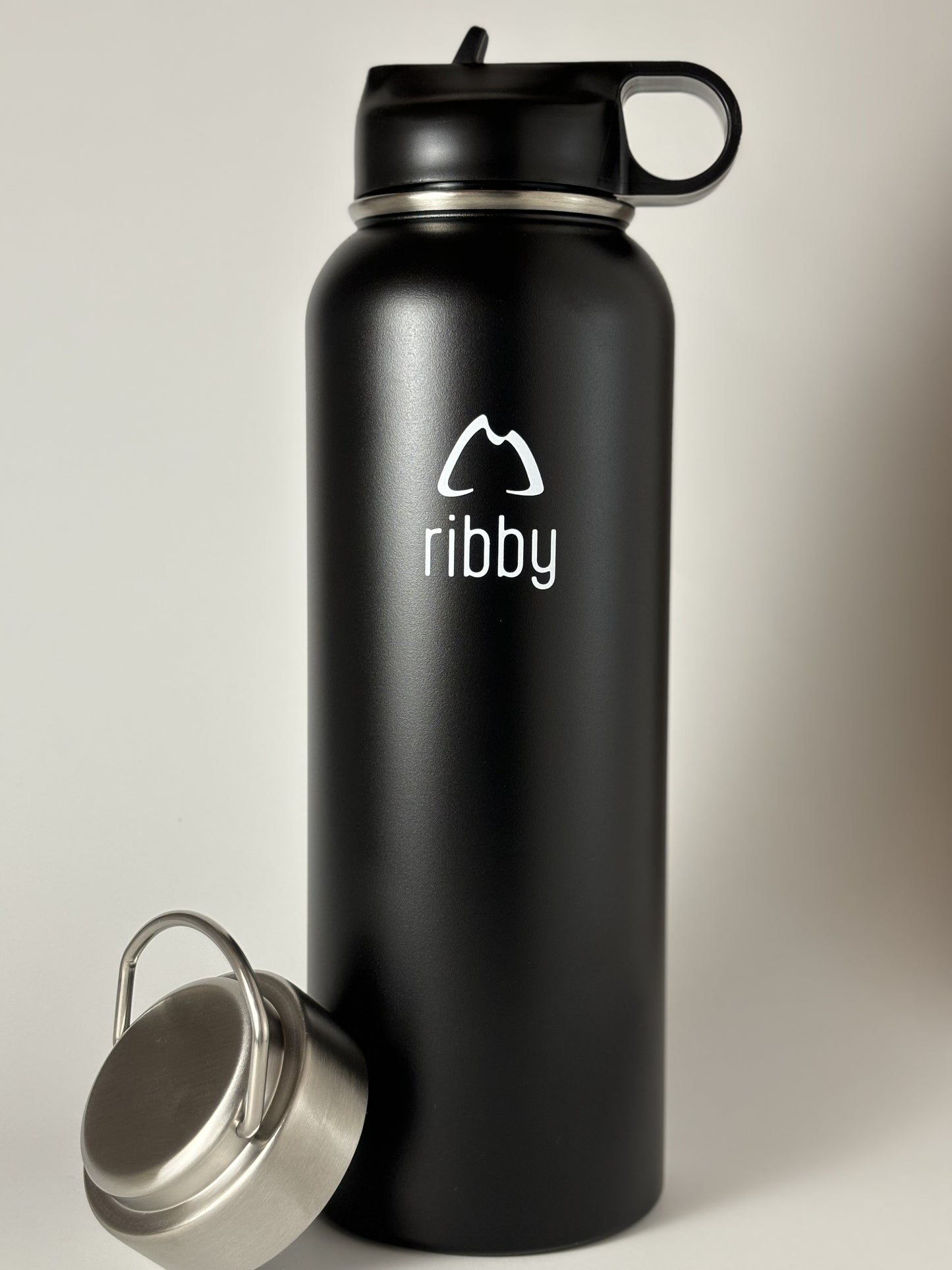 Ribby 1200ml Wide Mouth Stainless Steel Bottle with Straw Lid-Black